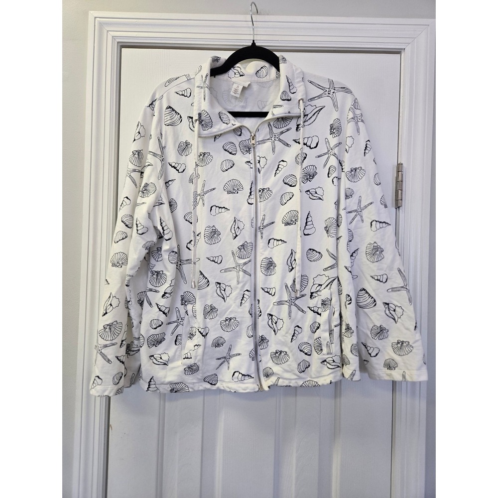 Weekends by Chico's White Black Seashell Starfish‎ Zip Sweatshirt Size 3 XL